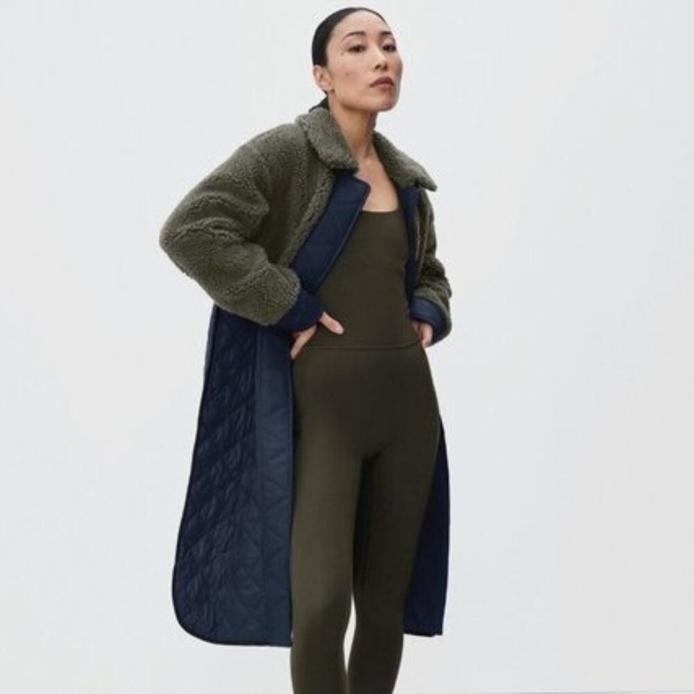 Everlane The Quilted Teddy Coat, Blue w/Olive Green Sherpa  - Size XXS